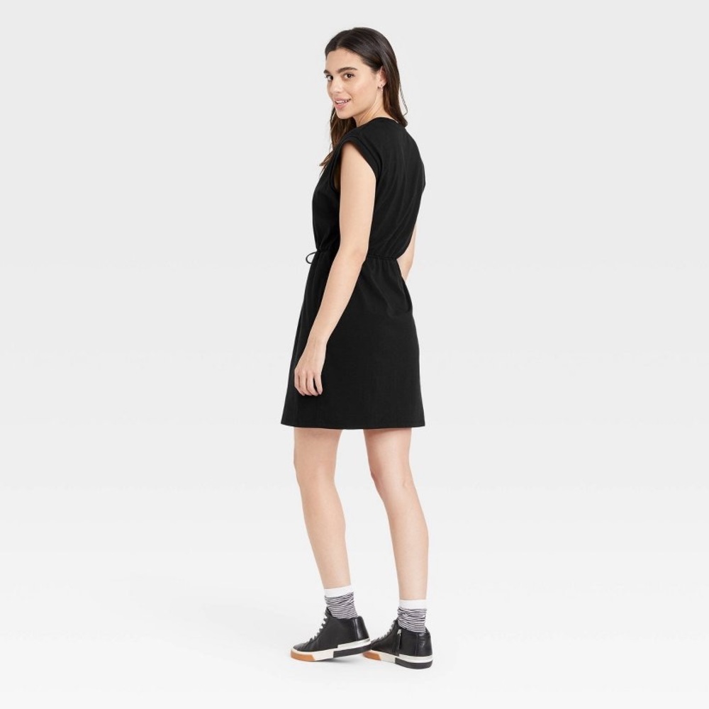 Short sleeve extended shoulder A-line dress- A new day black